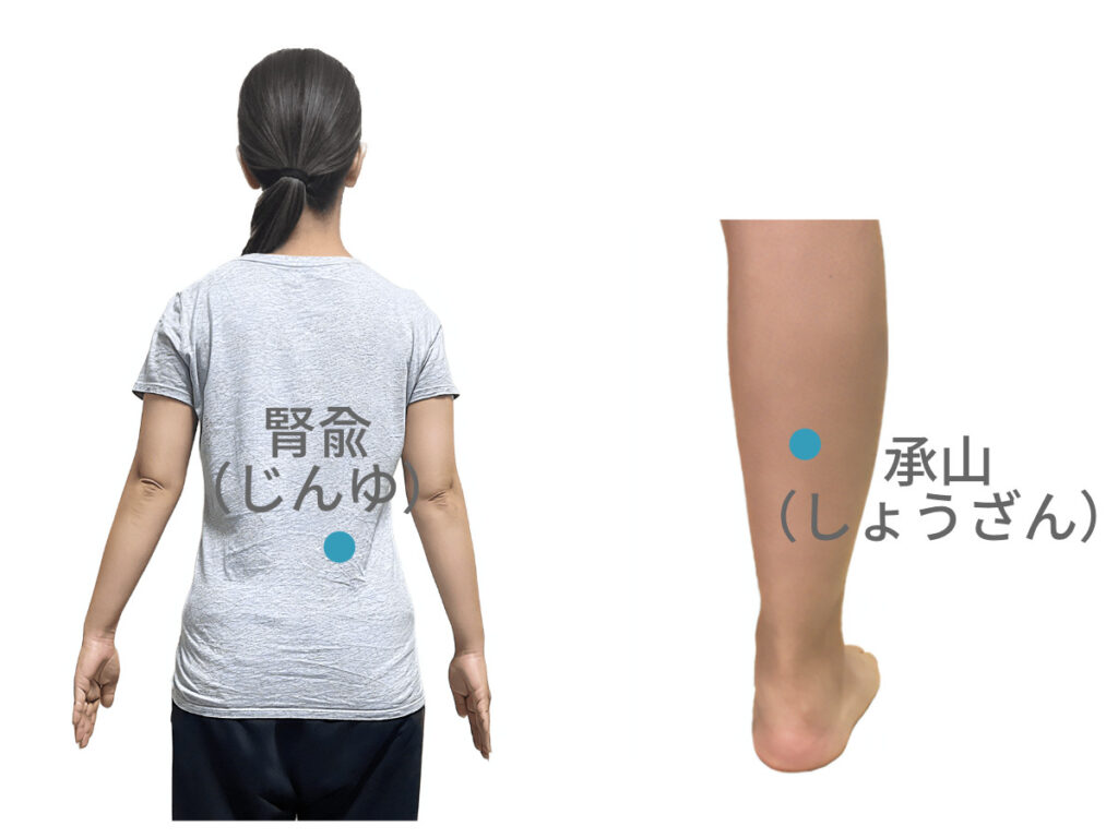 女性の腰にある腎兪じんゆツボとふくらはぎにある承山しょうざんツボの位置を示す図